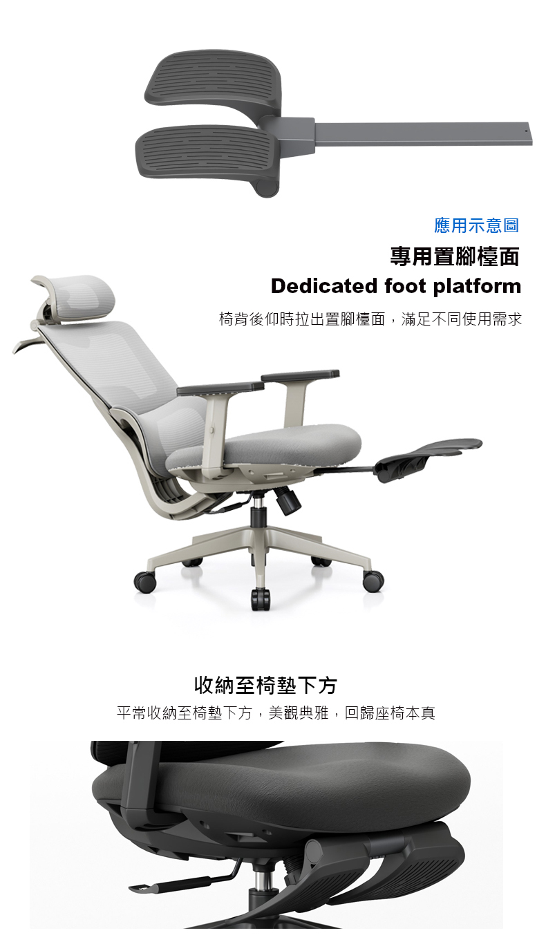 應用示意圖專用置腳檯面Dedicated foot platform椅背後仰時拉出置腳檯面,滿足不同使用需求收納至椅墊下方平常收納至椅墊下方,美觀典雅,回歸座椅本真
