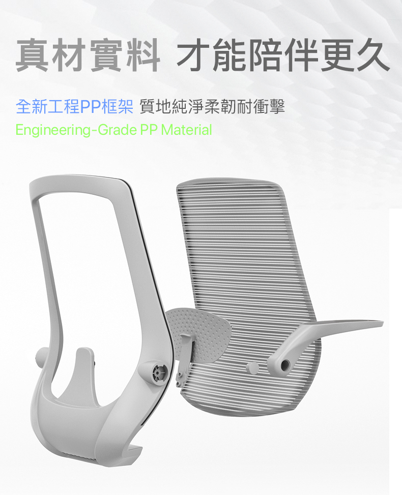 真材實料 才能陪伴更久全新工程PP框架 質地純淨柔韌耐衝擊Engineering-Grade PP Material