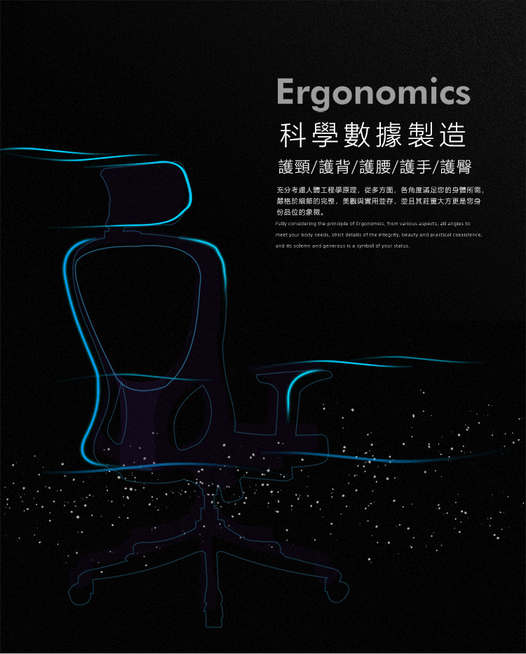 Ergonomics科學數據製造護頸/護背/護腰/護手/護臀充分考慮人體工程學原理從多方面各角度滿足您的身體所需,嚴格於細節的完整,美觀與實用並存,並且其大方更是您身份品位的象徵。 considering the principle  Ergonomics, from various aspects, all angles tomeet your body needs, strict details of the integrity, beauty and practical ,and  solemn and generous  a  of your