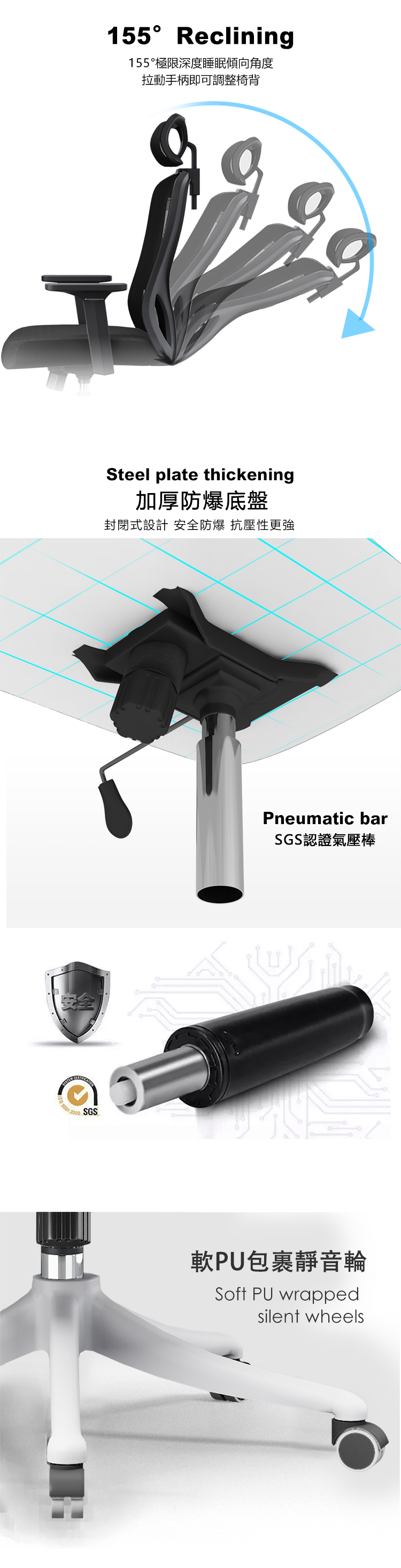 155Reclining155°極限深度睡眠傾向角度拉動手柄即可調整椅背Steel plate thickening加厚防爆底盤封閉式設計 安全防爆 抗壓性更強2000SGSPneumatic barSGS認證氣壓棒軟PU包裹靜音輪Soft PU wrappedsilent wheels